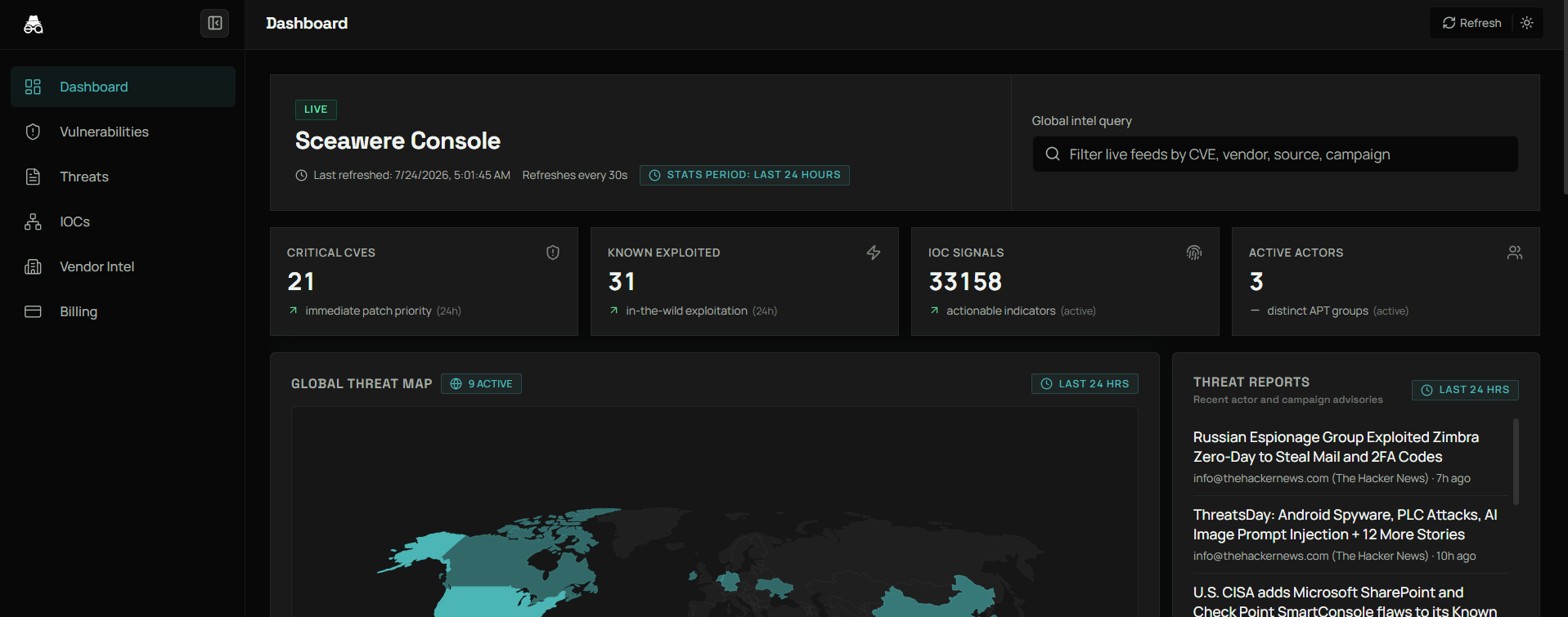 Sceawere vulnerability prioritization and cyber threat intelligence console interface